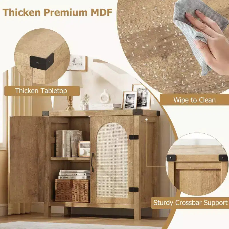 Mobile credenza in rattan, buffet contenitore rustico con inserti in legno in stile bohémien, perfetto angolo caffè per cucina, sala da pranzo e soggiorno, corridoio