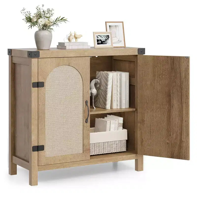 Mobile credenza in rattan, buffet contenitore rustico con inserti in legno in stile bohémien, perfetto angolo caffè per cucina, sala da pranzo e soggiorno, corridoio