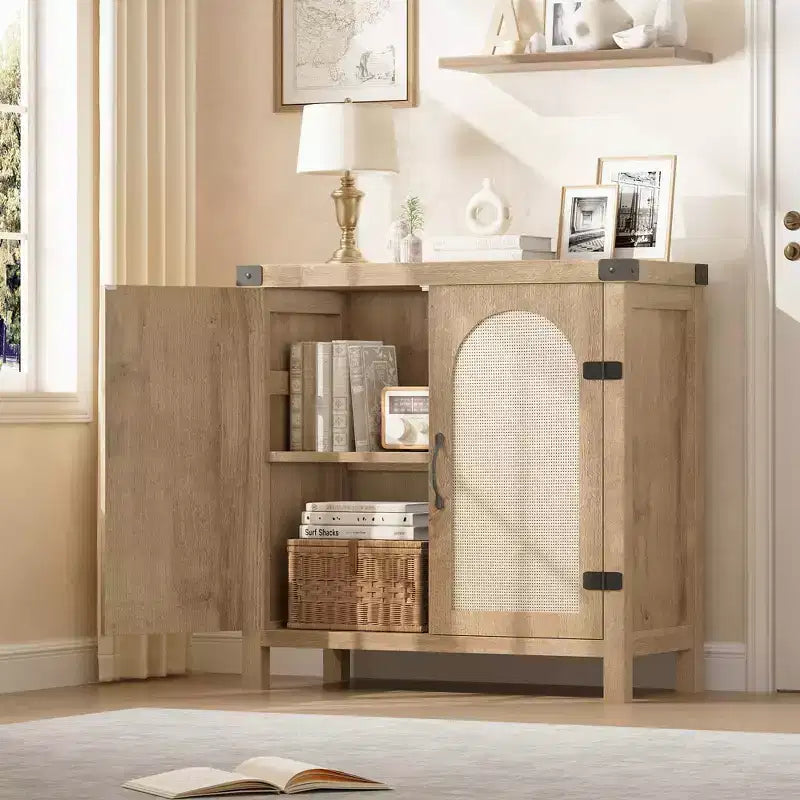 Mobile credenza in rattan, buffet contenitore rustico con inserti in legno in stile bohémien, perfetto angolo caffè per cucina, sala da pranzo e soggiorno, corridoio