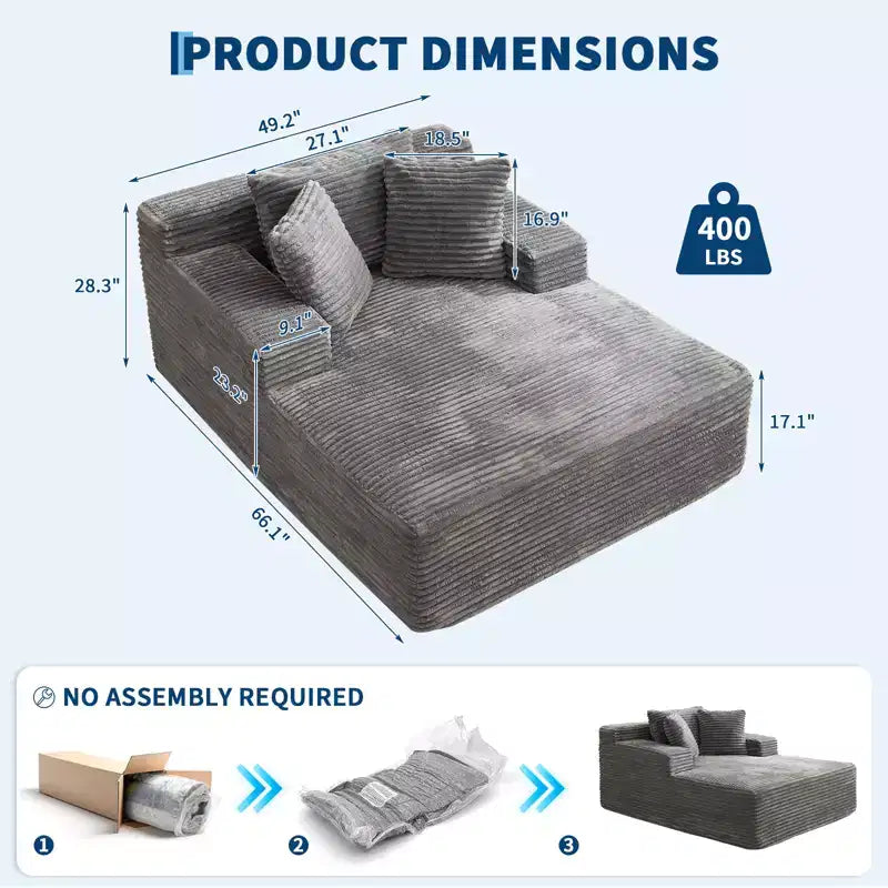 Poltrona Chaise Longue Oversize in Velluto a Coste, Grigia 170x127 cm Divano Letto Profondo Cloud, Nessun Montaggio Divano a Pavimento per Soggiorno Camera da Letto