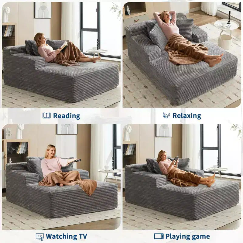 Poltrona Chaise Longue Oversize in Velluto a Coste, Grigia 170x127 cm Divano Letto Profondo Cloud, Nessun Montaggio Divano a Pavimento per Soggiorno Camera da Letto