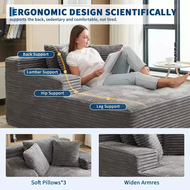 Poltrona Chaise Longue Oversize in Velluto a Coste, Grigia 170x127 cm Divano Letto Profondo Cloud, Nessun Montaggio Divano a Pavimento per Soggiorno Camera da Letto