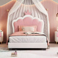 MAYEERTY Twin Size Upholstered Princess Bed with Crown Headboard Footboard for Bedroom Cream Pink