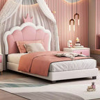 Letto a una piazza e mezza imbottito per principesse con testiera e pediera a corona per camera da letto, color crema e rosa