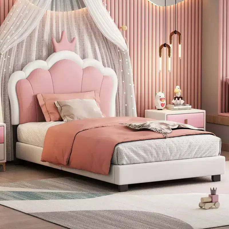 Letto a una piazza e mezza imbottito per principesse con testiera e pediera a corona per camera da letto, color crema e rosa