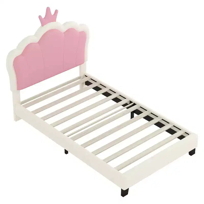 Letto a una piazza e mezza imbottito per principesse con testiera e pediera a corona per camera da letto, color crema e rosa