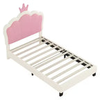 Letto a una piazza e mezza imbottito per principesse con testiera e pediera a corona per camera da letto, color crema e rosa