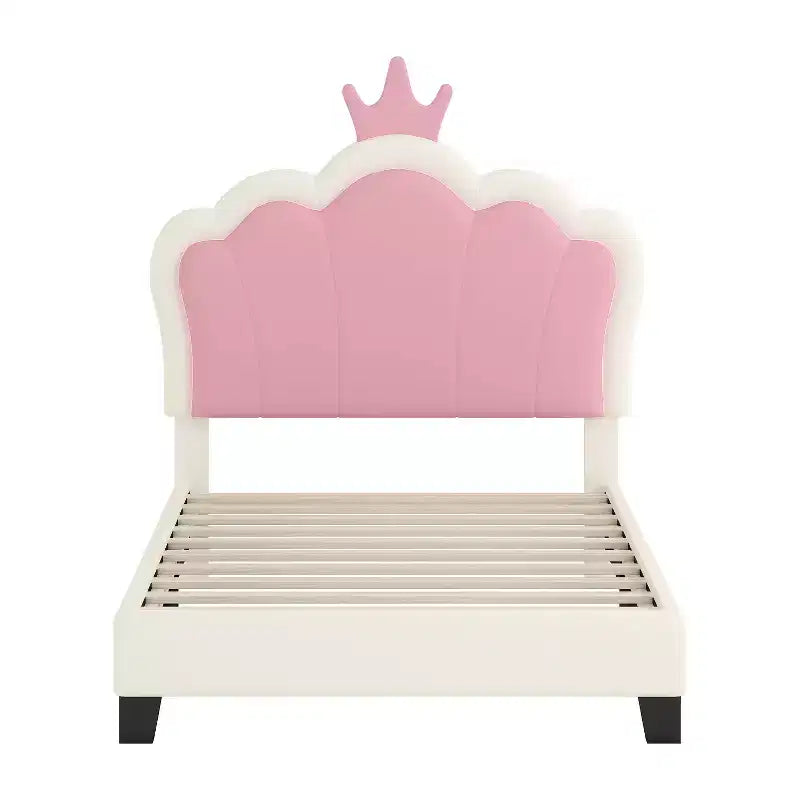 Letto a una piazza e mezza imbottito per principesse con testiera e pediera a corona per camera da letto, color crema e rosa