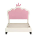 Letto a una piazza e mezza imbottito per principesse con testiera e pediera a corona per camera da letto, color crema e rosa
