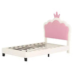 Letto a una piazza e mezza imbottito per principesse con testiera e pediera a corona per camera da letto, color crema e rosa