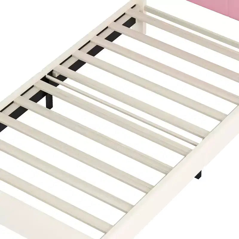 Letto a una piazza e mezza imbottito per principesse con testiera e pediera a corona per camera da letto, color crema e rosa