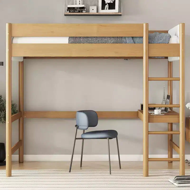 Letto singolo con testiera e pediera imbottite in tessuto bouclé con scaletta, sponde di sicurezza - Naturale