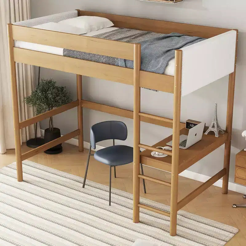 Letto singolo con testiera e pediera imbottite in tessuto bouclé con scaletta, sponde di sicurezza - Naturale