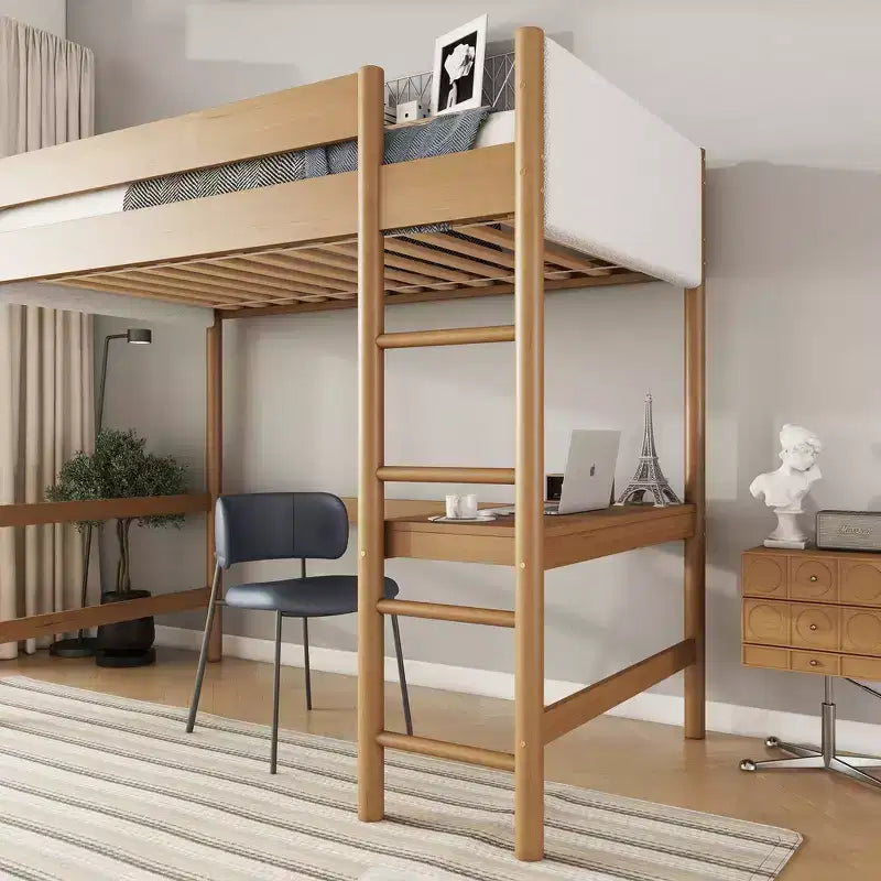 Letto singolo con testiera e pediera imbottite in tessuto bouclé con scaletta, sponde di sicurezza - Naturale