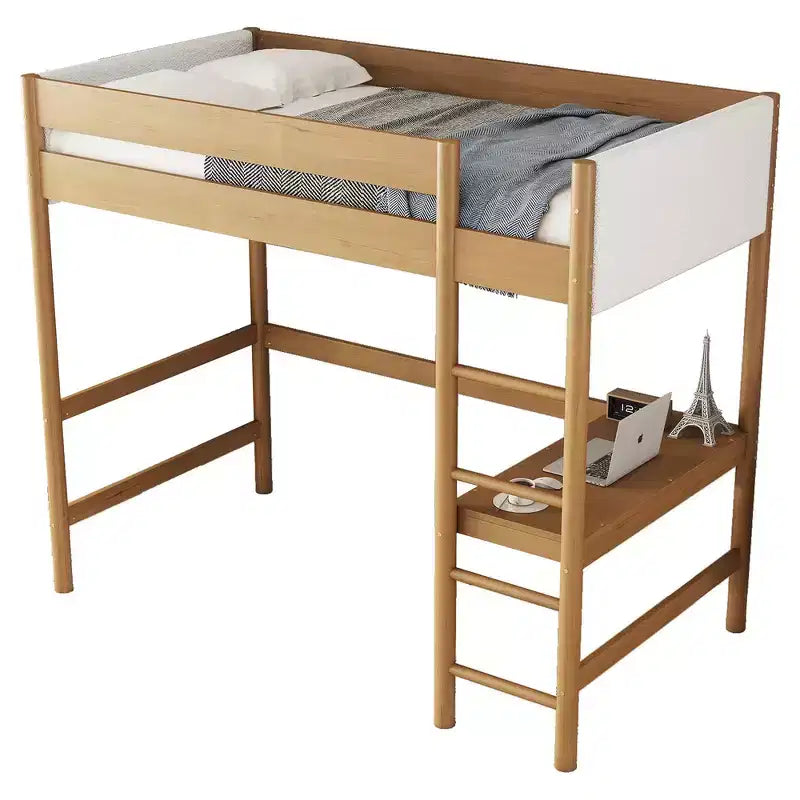 Letto singolo con testiera e pediera imbottite in tessuto bouclé con scaletta, sponde di sicurezza - Naturale