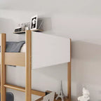 Letto singolo con testiera e pediera imbottite in tessuto bouclé con scaletta, sponde di sicurezza - Naturale