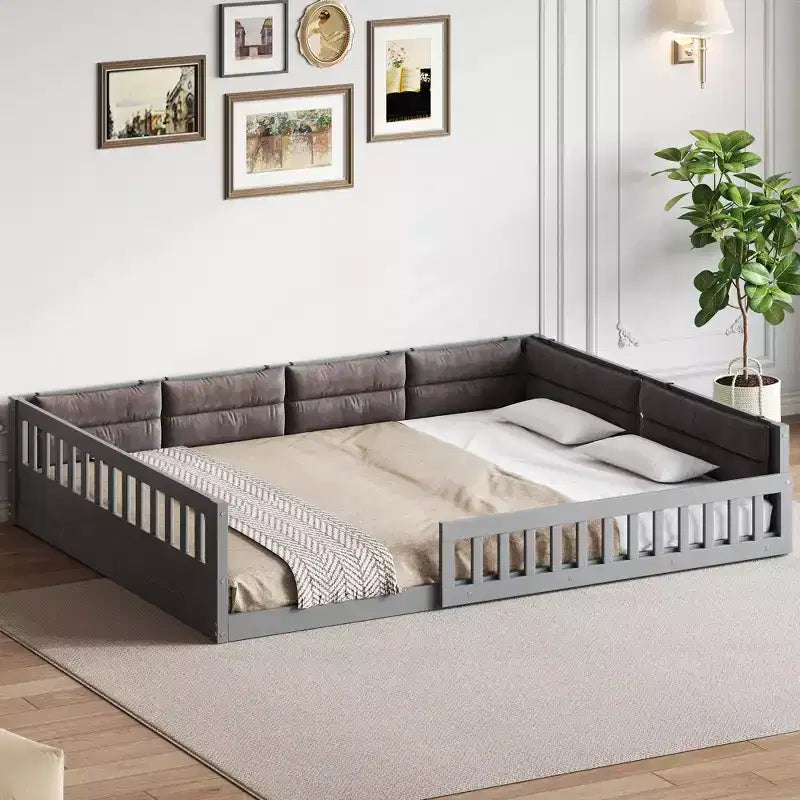 Letto matrimoniale imbottito in legno con sponde di protezione e cuscino, non è necessaria la rete, robusta struttura in pino, grigio