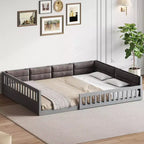 Letto matrimoniale imbottito in legno con sponde di protezione e cuscino, non è necessaria la rete, robusta struttura in pino, grigio