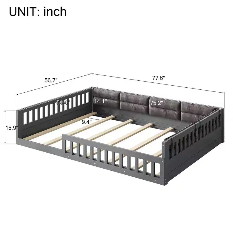 Letto matrimoniale imbottito in legno con sponde di protezione e cuscino, non è necessaria la rete, robusta struttura in pino, grigio