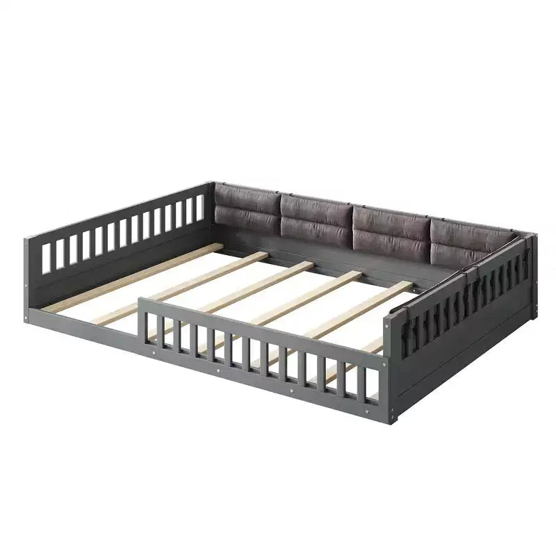 Letto matrimoniale imbottito in legno con sponde di protezione e cuscino, non è necessaria la rete, robusta struttura in pino, grigio