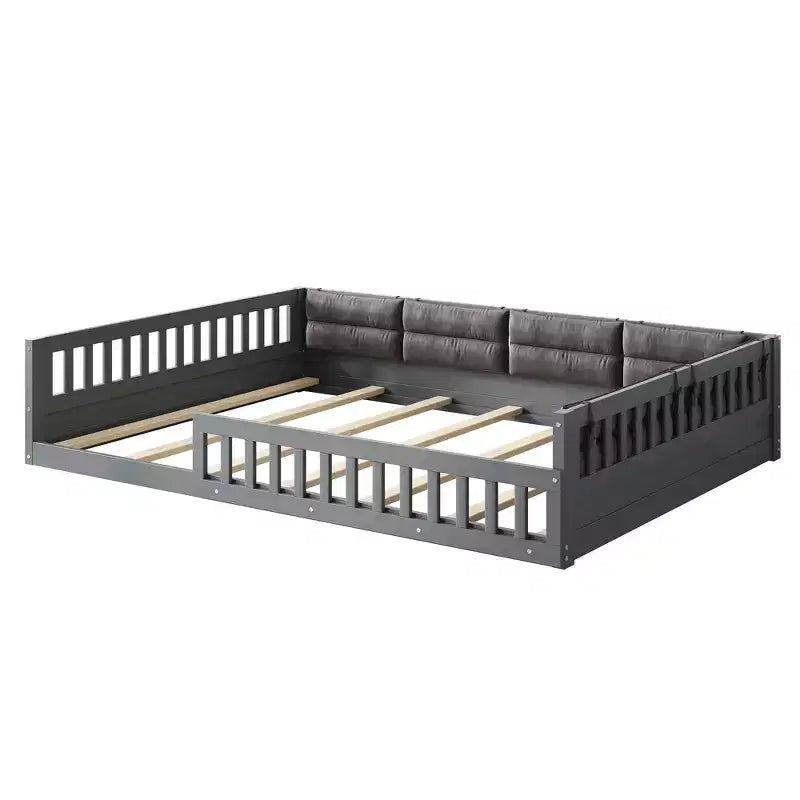 Letto matrimoniale imbottito in legno con sponde di protezione e cuscino, non è necessaria la rete, robusta struttura in pino, grigio
