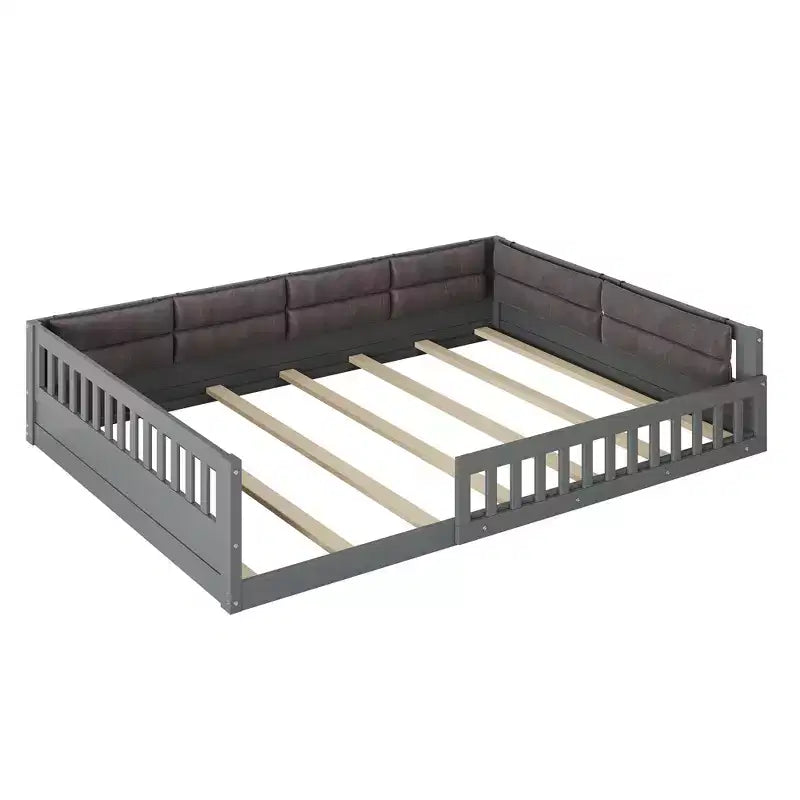 Letto matrimoniale imbottito in legno con sponde di protezione e cuscino, non è necessaria la rete, robusta struttura in pino, grigio