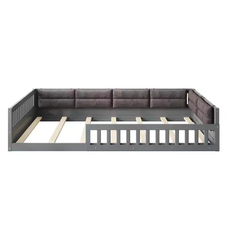 Letto matrimoniale imbottito in legno con sponde di protezione e cuscino, non è necessaria la rete, robusta struttura in pino, grigio