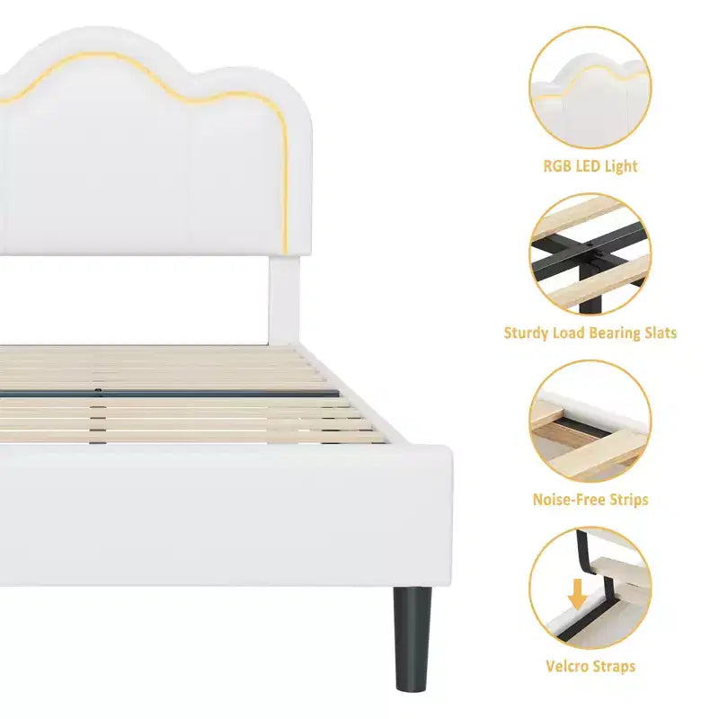 Struttura letto moderna in tessuto imbottito per bambini, singola (twin), con testiera regolabile, illuminazione d'atmosfera RGB e supporto silenzioso (senza molle), in tessuto beige
