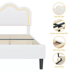 Struttura letto moderna in tessuto imbottito per bambini, singola (twin), con testiera regolabile, illuminazione d'atmosfera RGB e supporto silenzioso (senza molle), in tessuto beige