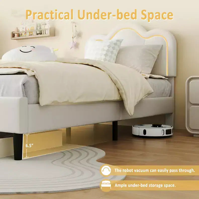 Struttura letto moderna in tessuto imbottito per bambini, singola (twin), con testiera regolabile, illuminazione d'atmosfera RGB e supporto silenzioso (senza molle), in tessuto beige