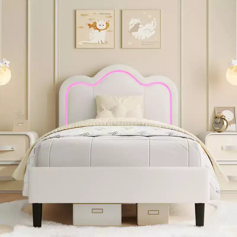 Struttura letto moderna in tessuto imbottito per bambini, singola (twin), con testiera regolabile, illuminazione d'atmosfera RGB e supporto silenzioso (senza molle), in tessuto beige