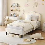 Struttura letto moderna in tessuto imbottito per bambini, singola (twin), con testiera regolabile, illuminazione d'atmosfera RGB e supporto silenzioso (senza molle), in tessuto beige