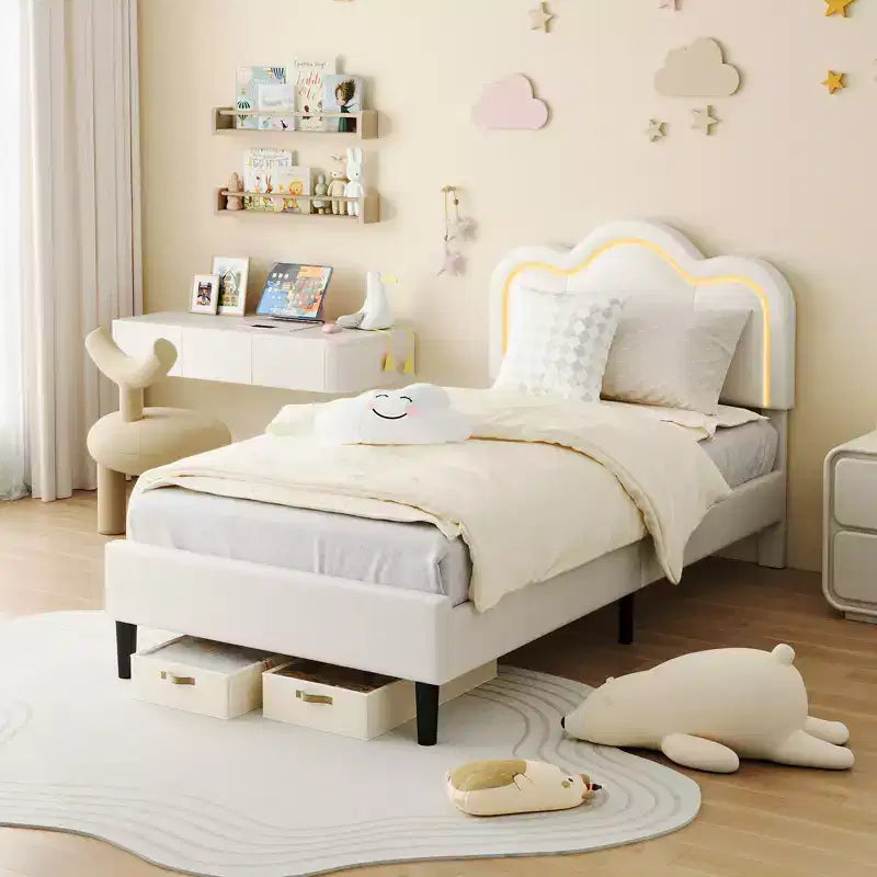 Struttura letto moderna in tessuto imbottito per bambini, singola (twin), con testiera regolabile, illuminazione d'atmosfera RGB e supporto silenzioso (senza molle), in tessuto beige