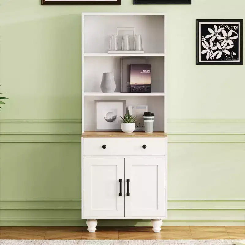 Mobiletto contenitore in stile rustico elegante con gambe in legno a forma di zucca e ripiani regolabili, perfetto per il soggiorno, bianco
