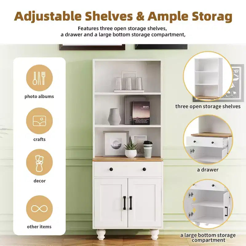 Mobiletto contenitore in stile rustico elegante con gambe in legno a forma di zucca e ripiani regolabili, perfetto per il soggiorno, bianco