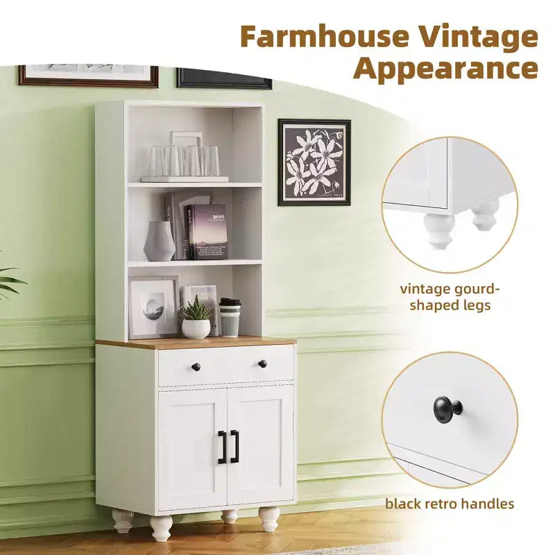 Mobiletto contenitore in stile rustico elegante con gambe in legno a forma di zucca e ripiani regolabili, perfetto per il soggiorno, bianco