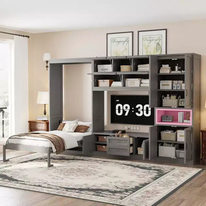 Letto a scomparsa singolo con armadietti e porta TV, letto a scomparsa singolo in legno con mensole portaoggetti, letto a scomparsa a cassapanca con 2 cassetti