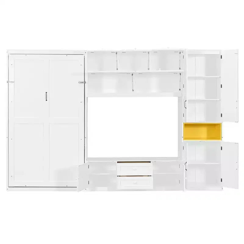 Letto a scomparsa singolo con armadietti e porta TV, letto a scomparsa singolo in legno con mensole portaoggetti, letto a scomparsa a cassapanca con 2 cassetti
