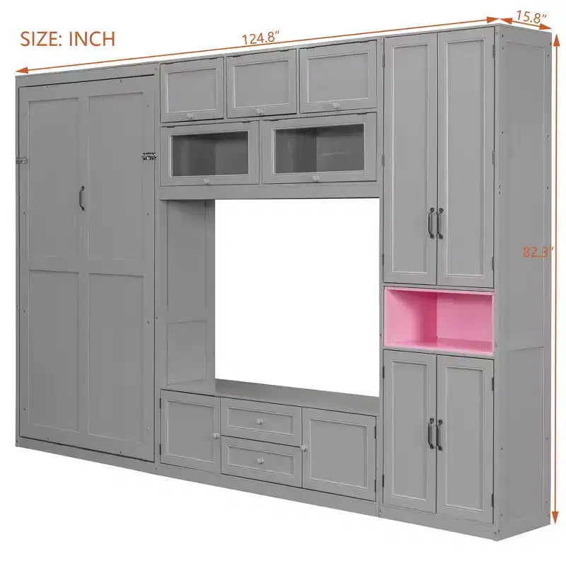 Letto a scomparsa singolo con armadietti e porta TV, letto a scomparsa singolo in legno con mensole portaoggetti, letto a scomparsa a cassapanca con 2 cassetti
