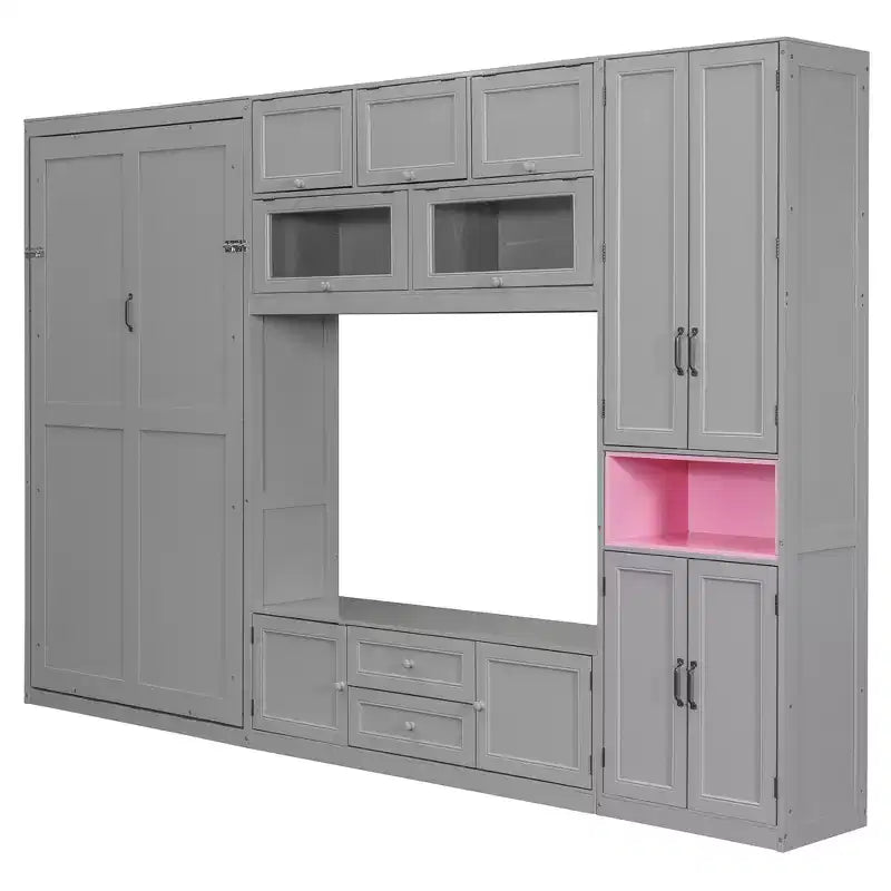 Letto a scomparsa singolo con armadietti e porta TV, letto a scomparsa singolo in legno con mensole portaoggetti, letto a scomparsa a cassapanca con 2 cassetti