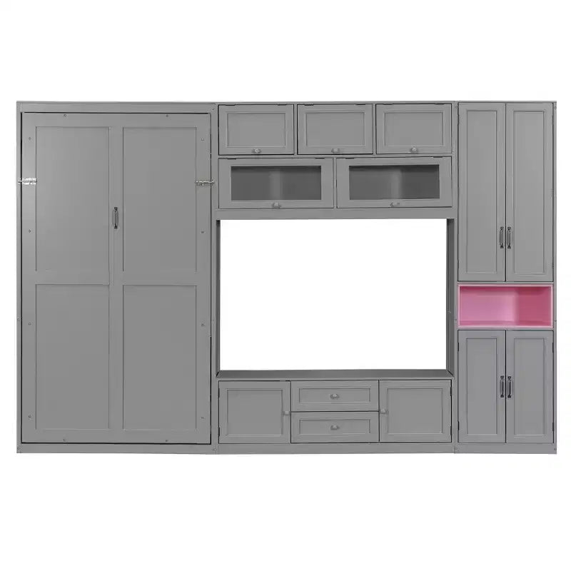 Letto a scomparsa singolo con armadietti e porta TV, letto a scomparsa singolo in legno con mensole portaoggetti, letto a scomparsa a cassapanca con 2 cassetti