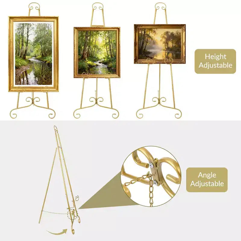 Cavalletto da esposizione Premium Gold per insegne, 118 cm, resistente, in metallo, senza montaggio, per cartelli di benvenuto per matrimoni, opere d'arte, immagini