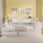 MAYEERTY Wooden L Shpae Bed with Seven Storage Cabinets and Two Storage Drawers Study Desk Bookshelf for Bedroom White
