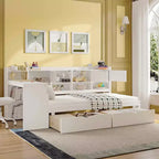 Letto a L in legno con sette armadietti e due cassetti contenitori Scrivania Libreria per camera da letto Bianco