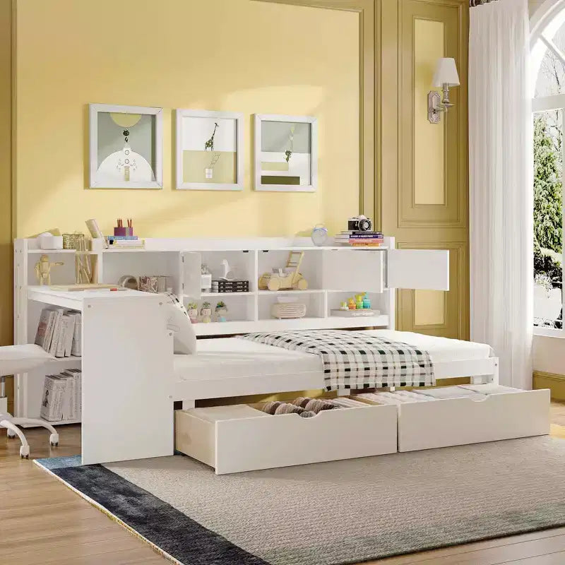 Letto a L in legno con sette armadietti e due cassetti contenitori Scrivania Libreria per camera da letto Bianco
