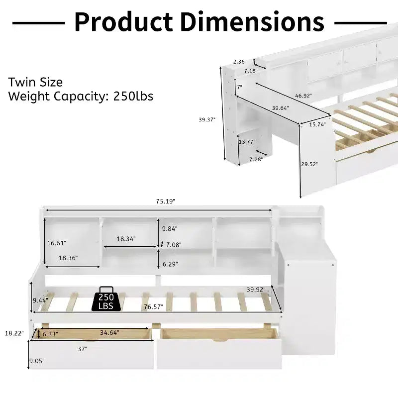 Letto a L in legno con sette armadietti e due cassetti contenitori Scrivania Libreria per camera da letto Bianco