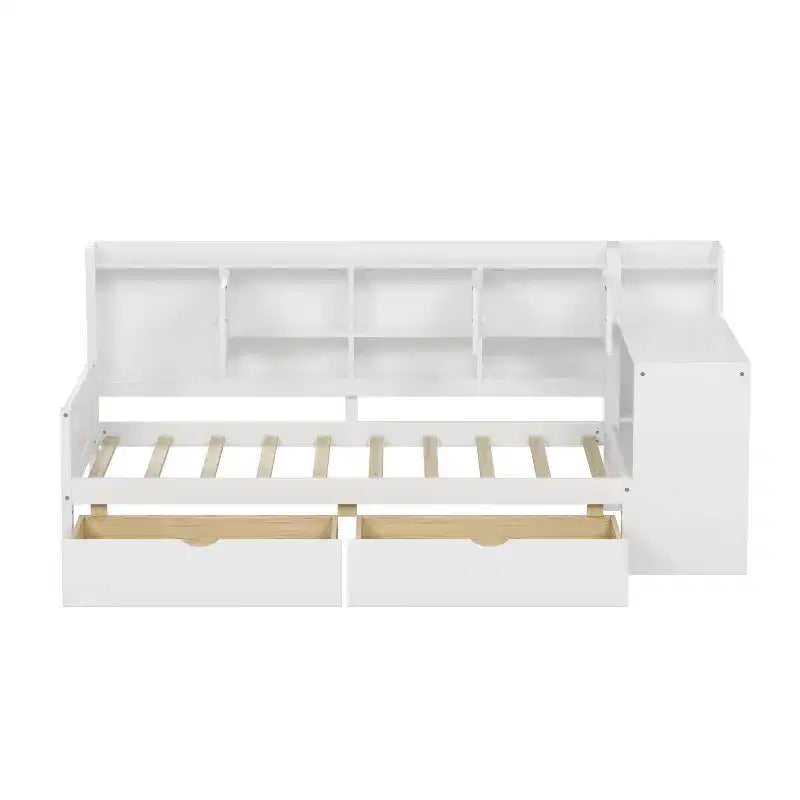 Letto a L in legno con sette armadietti e due cassetti contenitori Scrivania Libreria per camera da letto Bianco