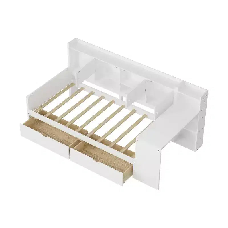 Letto a L in legno con sette armadietti e due cassetti contenitori Scrivania Libreria per camera da letto Bianco