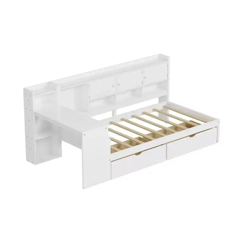 Letto a L in legno con sette armadietti e due cassetti contenitori Scrivania Libreria per camera da letto Bianco