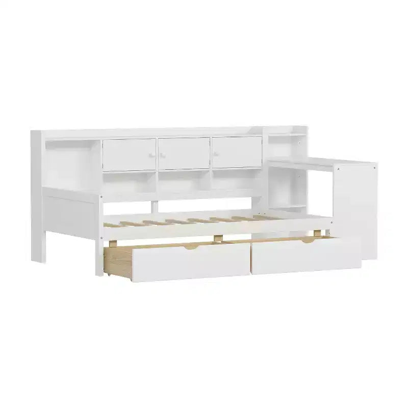 Letto a L in legno con sette armadietti e due cassetti contenitori Scrivania Libreria per camera da letto Bianco